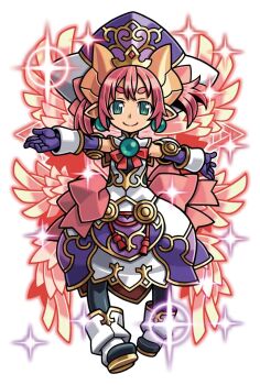 Rule 34 | 1girl, black pantyhose, closed mouth, detached sleeves, dress, earrings, feathered wings, gloves, gold horns, gold trim, green eyes, harakawa mitsuhiro, hat, horns, jewelry, light smile, multicolored dress, multicolored hat, multiple wings, official art, outstretched arms, pantyhose, pink hair, pink wings, pointy ears, purple dress, purple gloves, purple hat, san morte (another) (shinrabanshou), san morte (shinrabanshou), shinrabanshou, shoes, solo, sparkle, spread arms, thick eyebrows, third-party source, transparent background, twintails, white dress, white hat, white shoes, wings