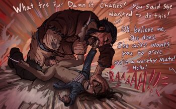 1boy 1girl age_difference angry beard black_hair blood bottomless brown_eyes brown_hair charles_xavier claws clothes_pull commentary english_commentary english_text facial_hair hand_on_another's_head held_down logan_(movie) loli marvel motion_lines nipples one_eye_closed pears restrained scratches screaming shirt_pull size_difference spread_legs struggling wolverine_(x-men) x-men x-men_film_series