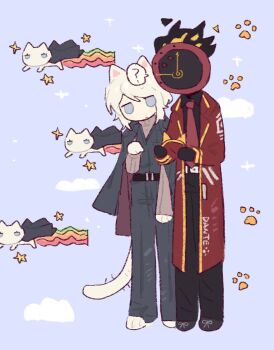 1girl 1other animal_ears belt black_belt black_pants black_shoes black_vest blue_background blue_eyes brown_sweater cat_ears cat_tail clock coat collared_shirt commentary_request dante_(limbus_company) faust_(project_moon) flaming_head full_body highres lapels limbus_company necktie notched_lapels nyan_cat open_mouth pants paw_print project_moon red_coat red_necktie ribbed_sweater sh9483578135571 shirt shoes short_hair simple_background sweater tail vest white_hair