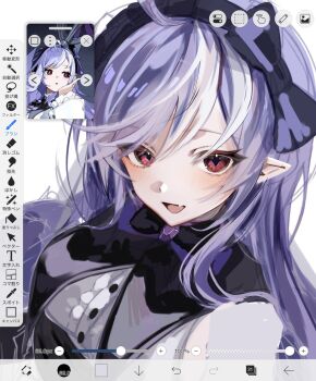 Rule 34 | 1girl, ahoge, art program in frame, blush, bow, bowtie, breast curtains, center frills, commentary request, fang, frills, game screenshot inset, gem, hairband, highres, long hair, open mouth, pointy ears, portrait, purple bow, purple bowtie, purple gemstone, purple hair, purple hairband, red eyes, reference inset, shrug (clothing), sideboob cutout, skin fang, solo, unfinished, vivian banshee, white background, white shrug, yonagiri 47, zenless zone zero