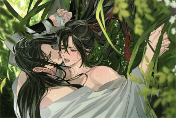 2boys anal arms_up bare_shoulders bishounen black_hair black_hanfu blurry blurry_background blush bound bound_arms chinese_clothes cum cum_on_body cum_on_male flower gearous grass grey_eyes hair_ornament hair_ribbon hanfu highres holding holding_hands holding_ribbon implied_sex lan_wangji leaf long_hair long_sleeves looking_at_another lying male_focus missionary modao_zushi multiple_boys off_shoulder official_art on_back open_clothes open_mouth open_robe outdoors parted_lips plant ponytail red_ribbon ribbon ribbon_bondage robe sex sidelocks sideways sweat tassel tassel_hair_ornament third-party_source wei_wuxian wet white_flower white_hanfu white_ribbon wide_sleeves yaoi yellow_eyes