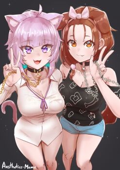 2girls :3 aestheticc-meme ahoge animal_collar animal_ears artist_name bangs_pinned_back black_background bone bow breasts brown_eyes brown_hair cat_ears cat_tail chain chain_leash choker cleavage collar collarbone cowboy_shot denim denim_shorts dog_ears dog_tail dress_shirt eyelashes fang futo-inu gold_chain hair_bow hair_ornament highres holding holding_chain hololive hoso-inu inugami_korone inugami_korone_(roomwear) knees large_breasts leash long_hair looking_at_viewer low-tied_long_hair medium_breasts multiple_girls naked_shirt nekomata_okayu nekomata_okayu_(oversized_shirt) official_alternate_costume pom_pom_(clothes) pom_pom_hair_ornament purple_eyes purple_hair see-through_clothes shirt short_shorts shorts smile star_(symbol) star_symbol_background tail tank_top thighs tsurime v viewer_holding_leash virtual_youtuber