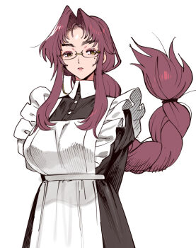 1girl apron arms_behind_back black_dress braid braided_ponytail breasts conto curtained_hair dress expressionless eyelashes franchesca_(conto) frilled_apron frills glasses hashtag-only_commentary juliet_sleeves large_breasts lipstick long_hair long_sidelocks long_sleeves low_ponytail maid maid_apron makeup mole mole_under_eye original parted_bangs ponytail puffy_sleeves red_hair semi-rimless_eyewear sidelocks solo under-rim_eyewear upper_body very_long_hair very_long_sidelocks yellow-framed_eyewear yellow_eyes