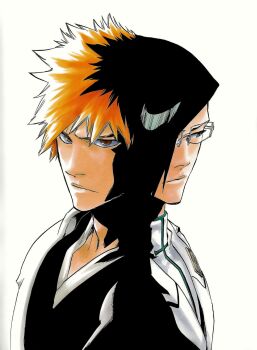 black_hair black_hakama bleach bleach:_sennen_kessen-hen blue_eyes brown_eyes glasses hakama highres ishida_uryuu japanese_clothes kubo_tite kurosaki_ichigo orange_hair quincy_(bleach) rectangular_eyewear shinigami spiked_hair sternritter wandenreich_uniform