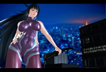 1girl bare_shoulders black_hair bodysuit breasts building city cityscape fishnets hand_on_own_hip holding holding_weapon katana kill_the_king large_breasts letterboxed long_hair night ninja purple_bodysuit skin_tight skyscraper solo sword taimanin_(series) taimanin_asagi very_long_hair weapon