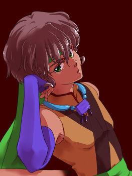1boy bandana brown_background brown_hair closed_mouth coa_(momo) dark-skinned_male dark_skin fingerless_gloves gloves green_bandana green_eyes looking_at_viewer male_focus pantyhose_tarou purple_gloves ranma_1/2 solo upper_body