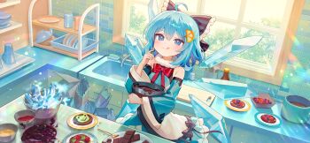 1girl :q ahoge alternate_costume artist_request bad_food blue_bow blue_dress blue_eyes blue_hair blueberry blush bow bowl bowtie brown_bow candy chocolate chocolate_bar chocolate_making cirno closed_mouth cooking cutting_board detached_sleeves detached_wings dress food food-themed_hair_ornament food_on_hand frilled_bow frills fruit game_cg hair_between_eyes hair_bow hair_ornament holding holding_bowl ice ice_wings indoors kitchen lemon_hair_ornament medium_hair non-web_source official_art plate red_bow red_bowtie second-party_source smile solo spoon strawberry tongue tongue_out touhou touhou_gensou_eclipse valentine wings
