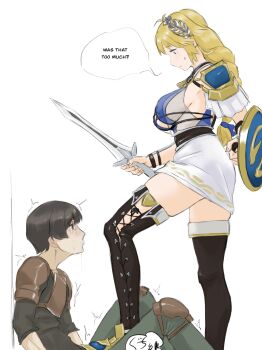 1boy 1girl armor bad_id bad_pixiv_id ball_busting bdsm blonde_hair breasts cbt comic crotch_kick crotch_stomping crying defeat english_text femdom highres large_breasts long_legs namco seset skirt sophitia_alexandra soul_calibur stomping sword thighhighs warrior weak_male weapon