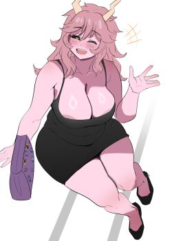 1girl aged_up ashido_mina ashido_mina_time-skip_(meme) bag belly black_dress black_sclera black_shoes blush boku_no_hero_academia breasts cleavage colored_sclera colored_skin covered_navel dress handbag high_heels horns huge_breasts long_hair messy_hair one_eye_closed open_mouth pink_hair pink_skin plump shoes short_dress smile solo thick_thighs thighs waving white_background wink yellow_eyes ytrall