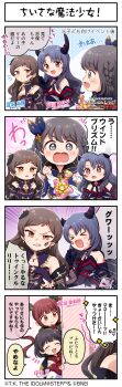 >_< 4koma absurdres black_hair braid brown_eyes brown_hair closed_eyes comic english_text facial_tattoo gloves highres horns idolmaster idolmaster_million_live! idolmaster_million_live!_theater_days japanese_text kitazawa_shiho matsuda_arisa nakatani_iku official_art open_mouth peeking_out red_eyes red_hair smile star_(symbol) takayama_sayoko tattoo teeth twintails wings