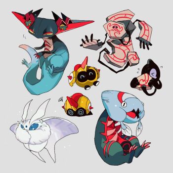 &gt;_&lt; @_@ black_eyes black_sclera blue_eyes blue_sclera claws closed_eyes colored_sclera dracovish dragapult dragon falinks floating flying_sweatdrops frosmoth full_body galarian_form galarian_yamask gen_5_pokemon gen_8_pokemon ghost grey_background half-closed_eyes hands_up happy holding jpeg_artifacts newo_(shinra-p) nintendo no_humans open_mouth pokemon pokemon_(creature) purple_eyes purple_sclera runerigus sharp_teeth simple_background sitting squiggle tail teeth wings yamask yellow_sclera