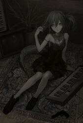 Rule 34 | 1girl, absurdres, black dress, black footwear, carpet, closed mouth, crocodilian tail, cross, cross necklace, crt, dress, full body, grey hair, gun, hand in own hair, hand up, handgun, highres, indoors, jewelry, jiz (pffbq), lizard tail, long hair, looking at viewer, muted color, necklace, orange eyes, original, plant, potted plant, reptile girl, short dress, sitting, solo, tail, television, twintails, weapon