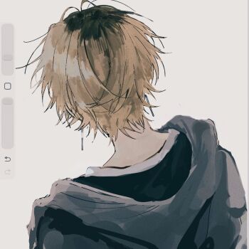 1boy art_program_in_frame brown_hair commentary_request earrings facing_away from_behind grey_jacket highres hood hood_down hooded_jacket jacket jewelry male_focus multicolored_hair original roots_(hair) short_hair simple_background sini_user solo upper_body white_background