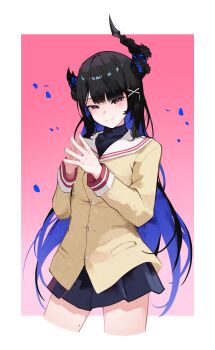 Rule 34 | 1girl, absurdres, alternate costume, asymmetrical horns, black hair, black shirt, blue hair, blunt bangs, brown jacket, clannad, closed mouth, colored inner hair, cowboy shot, demon horns, flower, hair ornament, hairclip, highres, hikarizaka private high school uniform, hololive, hololive english, horn flower, horns, jacket, long hair, looking at viewer, miniskirt, mole, mole under eye, multicolored hair, namiorii, nerissa ravencroft, plaid clothes, plaid skirt, purple eyes, sailor collar, school uniform, shirt, sidelocks, skirt, sleeve cuffs, smile, solo, steepled fingers, straight hair, undershirt, uneven horns, very long hair, virtual youtuber, white sailor collar, x hair ornament