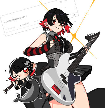 1girl absurdres andii_(anzai_teachco) black_hair black_shirt black_skirt blush breasts chibi chibi_inset colored_inner_hair electric_guitar ellen_joe fan_request fins fish_tail guitar highres instrument large_breasts multicolored_hair red_eyes red_hair shark_girl shark_tail shirt short_hair skirt sleeveless sleeveless_shirt smile solo striped_arm_warmers tail white_background zenless_zone_zero