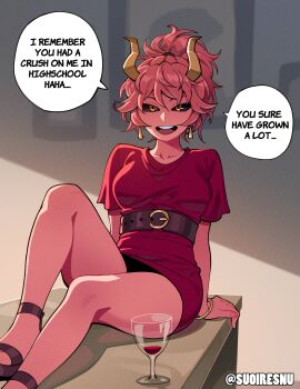 1girl :d absurdres artist_name ashido_mina belt black_belt black_sclera boku_no_hero_academia bracelet breasts collarbone colored_sclera colored_skin cup dress drinking_glass earrings english_text highres horns jewelry knee_up large_breasts open_mouth pink_hair pink_skin ponytail red_dress short_dress short_hair sitting smile solo speech_bubble suoiresnu teeth upper_teeth_only wine_glass