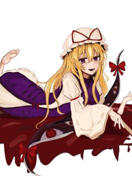 1girl 83mkneinlsqmebq barefoot blonde_hair blood blood_on_ground commentary dress gap_(touhou) hair_between_eyes hand_fan hat highres holding holding_fan long_hair long_sleeves looking_at_viewer lying mob_cap on_stomach parted_lips purple_eyes purple_tabard red_eyes ribbon smile solo tabard teeth touhou white_background white_dress yakumo_yukari