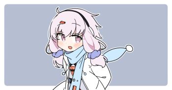 Rule 34 | 1girl, :d, blue scarf, blush, border, coat, dot nose, dress, earmuffs, hair ornament, hairclip, ini (inunabe00), long sleeves, looking at viewer, okhotsk yukari, open clothes, open coat, open mouth, orange dress, outline, outside border, pink eyes, pink hair, scarf, short hair, simple background, smile, solo, upper body, vocaloid, voiceroid, white border, white coat, white outline, winter clothes, yuzuki yukari