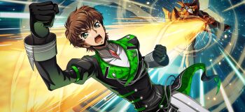 1boy black_gloves black_jacket brown_hair code_geass code_geass:_lost_stories f4samurai gloves green_eyes highres jacket knightmare_frame kururugi_suzaku mecha official_art robot short_hair skirt solo white_skirt