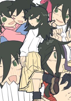 1girl :d absurdres aged_down bags_under_eyes black_hair blush controller fence game_controller green_eyes hair_between_eyes hair_ribbon highres hug kita_senju kuroki_tomoki kuroki_tomoko long_sleeves looking_at_viewer looking_back mojyo multiple_expressions multiple_views necktie open_mouth pink_sweater purple_necktie ribbon school_uniform skirt smile sweater watashi_ga_motenai_no_wa_dou_kangaetemo_omaera_ga_warui! yellow_skirt