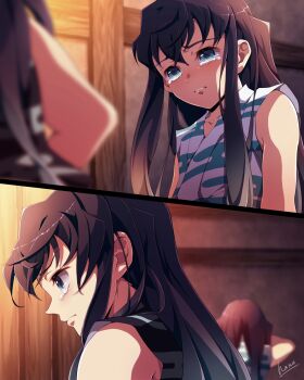 2boys aged_down aqua_hair bare_shoulders black_hair blurry brothers child closed_mouth commentary_request crying depth_of_field egasumi facing_away gradient_hair hana_ni_nare highres indoors japanese_clothes kimetsu_no_yaiba kimono long_hair looking_down male_focus multicolored_hair multiple_boys out_of_frame portrait profile siblings sidelocks signature sleeveless sleeveless_kimono split_screen streaked_hair sunlight tearing_up tears tokitou_muichirou tokitou_yuichirou twins upper_body wiping_tears