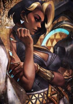 Rule 34 | 1girl, absurdres, arm under breasts, belt, black hair, blonde hair, bracelet, cleavage cutout, clothing cutout, dark-skinned female, dark skin, domina (overwatch), earrings, from side, hand up, highres, jacket, jacket on shoulders, jewelry, monori rogue, multicolored hair, nail polish, overwatch, solo, upper body, white jacket