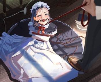 1boy 1girl absurdres ball_gag bdsm bondage bound collar commentary_request gag highres holding holding_leash leash leash_pull maid maid_headdress original po-i-mu red_collar restrained shibari shibari_over_clothes slave sunlight