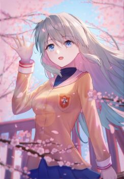 Rule 34 | 1girl, 2025, :d, absurdres, arm at side, blue eyes, blue skirt, blurry, cherry blossoms, clannad, commentary, cowboy shot, dated, day, depth of field, eyes visible through hair, falling petals, film grain, floating hair, flowingcrescent, grey hair, hair between eyes, hand up, happy, highres, hikarizaka private high school uniform, jacket, lens flare, long hair, long sleeves, miniskirt, open mouth, outdoors, outstretched hand, petals, pleated skirt, sailor collar, sakagami tomoyo, school uniform, serafuku, signature, skirt, smile, solo, spring (season), turtleneck, very long hair, white sailor collar, yellow jacket