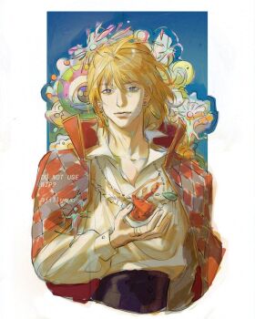 Rule 34 | 1boy, argyle clothes, argyle coat, black pantyhose, blonde hair, blue background, border, coat, coat on shoulders, collared shirt, earrings, hair between eyes, highres, howl no ugoku shiro, howl pendragon, jewelry, light smile, looking at viewer, male focus, munjilly, pantyhose, pendant, pillarboxed, ring, shirt, short hair, sketch, solo, twitter username, unfinished, upper body, white border, white shirt