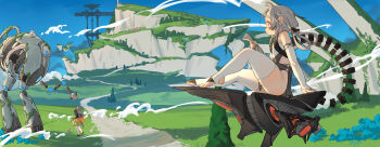 2girls antenna_hair arm_support blue_sky bridal_gauntlets cliff day fantasy floating_island folded_twintails green_skirt grey_hair highres hikimayu hover_vehicle koebushi_(mat) landscape multiple_girls non-humanoid_robot original outdoors path profile road robot scenery sitting skirt sky stirrup_legwear thighhighs toeless_legwear tree village white_thighhighs