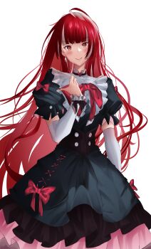 Rule 34 | 1girl, absurdres, ahoge, arm at side, black dress, blush, bow, bowtie, closed mouth, commentary, cowboy shot, demise (official makuu), detached sleeves, diamond earrings, dress, earrings, english commentary, grey streaks, hands on own chest, highres, hololive, hololive indonesia, jewelry, layered dress, long hair, looking at viewer, medium dress, multicolored hair, olivia (kureiji ollie), puffy short sleeves, puffy sleeves, puritan collar, red bow, red bowtie, red eyes, red hair, short sleeves, simple background, smile, solo, streaked hair, underbust, virtual youtuber, white background, white sleeves