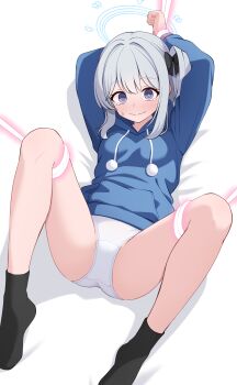 1girl @_@ absurdres black_socks blue_archive blue_halo blue_hoodie blush breasts commentary_request grey_hair halo highres hood hoodie miyako_(blue_archive) miyako_(young)_(blue_archive) paid_reward_available panties purple_eyes shijima_(shijima_tc) small_breasts socks solo underwear white_panties