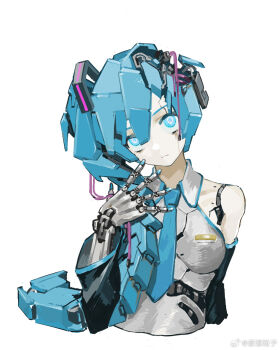 1girl android bare_shoulders black_sleeves blue_eyes blue_hair blue_nails blue_necktie cable chinese_commentary collared_shirt commentary cropped_torso detached_sleeves expressionless hair_between_eyes hatsune_miku hatsune_miku_(noodle_stopper) highres joints kaso_ryushi mechanical_hair mechanization meme nail_polish necktie ringed_eyes robot robot_girl robot_joints seams shirt side_ponytail sidetail_miku_noodle_stopper_(meme) sleeveless sleeveless_shirt solo upper_body vocaloid watermark weibo_watermark