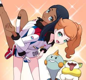 2girls :d absurdres aged_down assisted_stretching back-to-back black_hair chewtle closed_mouth commentary_request dark-skinned_female dark_skin eyelashes gen_8_pokemon green_eyes gym_challenge_uniform highres kneehighs knees locked_arms long_hair looking_at_viewer multiple_girls nessa_(pokemon) nintendo open_mouth orange_hair pokemon pokemon_(creature) pokemon_swsh shirt shorts side_ponytail side_slit side_slit_shorts smile socks sonia_(pokemon) tongue trembling white_shirt white_shorts white_socks yamper yuu_(jgvj7873)