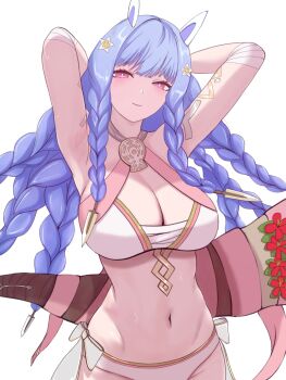 1girl armpits arms_up bikini blue_hair blush body_markings braid breasts cleavage closed_mouth commentary cornucopia fire_emblem fire_emblem_heroes flower hair_flower hair_ornament heidrun_(fire_emblem) heidrun_(summer)_(fire_emblem) highres large_breasts long_hair looking_at_viewer matchanosuke_fe navel nintendo official_alternate_costume red_eyes revision smile solo stomach swimsuit very_long_hair wet white_background white_bikini