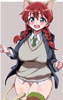 Rule 34 | 1girl, alternate costume, animal ears, black jacket, blue eyes, blush, brown sweater, cat ears, cat girl, cat tail, commentary, cosplay, emma verde, feet out of frame, freckles, green necktie, grey background, happy, highres, jacket, kin-san (sasuraiga), long hair, love live!, love live! nijigasaki high school idol club, lynette bishop, lynette bishop (cosplay), necktie, no pants, open mouth, panties, red hair, shirt, simple background, smile, standing, strike witches, striped clothes, striped thighhighs, sweater, sweater vest, symbol-only commentary, tail, teeth, thighhighs, underwear, upper teeth only, white panties, white shirt, world witches series