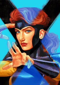 1girl artist_name black_background black_bodysuit blue_background blue_eyes bodysuit breasts brown_hair closed_mouth commentary covered_collarbone english_commentary fingernails hands_up helmet highres jean_grey large_breasts lips long_hair looking_at_viewer marvel multicolored_bodysuit red_lips solo superhero_costume two-tone_background two-tone_bodysuit upper_body uzuri_art wavy_hair x-men x-men:_the_animated_series yellow_bodysuit