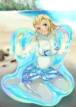 Rule 34 | 1girl, 7c09czug1vp597b, absurdres, bare shoulders, barefoot, beach, blonde hair, breasts, cloud, commentary request, commission, dark-skinned female, dark skin, day, full body, highres, jessica de alkirk, large breasts, long hair, looking at viewer, lunar, lunar: the silver star, navel, ocean, open mouth, outdoors, sand, slime (creature), slime (substance), solo, swimsuit