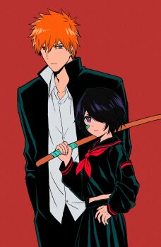 1boy 1girl absurdres black_hair black_jacket black_pants black_serafuku black_shirt black_skirt bleach breasts cowboy_shot delinquent gakuran hair_between_eyes hair_over_one_eye hands_in_pockets highres jacket kuchiki_rukia kurosaki_ichigo medium_breasts midriff neckerchief official_alternate_costume orange_eyes orange_hair over_shoulder pants purple_eyes red_background red_neckerchief school_uniform serafuku shirt short_hair skirt star_(zhongyan88528) weapon weapon_over_shoulder white_shirt