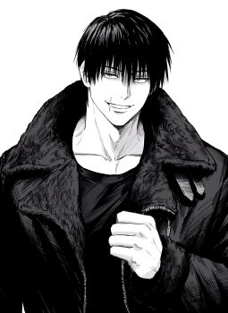 1boy collarbone fushiguro_touji hair_between_eyes highres jacket jujutsu_kaisen looking_at_viewer male_focus scar scar_on_face scar_on_mouth shirt short_hair simple_background smile solo sso_s teeth upper_body white_background