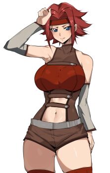 1girl belly belt blue_eyes blush breasts code_geass dr_octojuice embarrassed headband highres huge_breasts kouzuki_kallen navel open_clothes red_hair shirt shorts sleeveless sleeveless_shirt thick_thighs thighhighs thighs