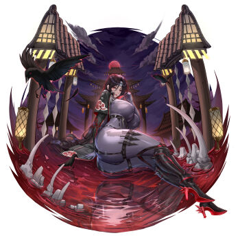 1girl absurdres akatsuki_uniform architecture ass bird black_bird black_boots black_coat black_hair blood bodysuit bone boots breasts cloud cloud_print coat colored_shoe_soles commentary_request east_asian_architecture forehead_protector full_body genderswap genderswap_(mtf) grey_bodysuit hair_between_eyes hand_up headband high_heel_boots high_heels highres huge_breasts impossible_bodysuit impossible_clothes konohagakure_symbol kunai lipstick long_hair looking_at_viewer makeup mangekyou_sharingan moon naruto_(series) night o-ring parted_lips red_eyes red_lips red_moon reflection sharingan sin_guiyi sitting sky thigh_strap uchiha_itachi very_long_hair weapon