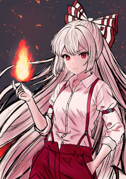 1girl absurdres arm_belt bow breasts closed_mouth collared_shirt commentary_request fire fujiwara_no_mokou grey_hair hair_bow hand_in_pocket highres long_hair long_sleeves looking_at_viewer mumei_n631 pants pyrokinesis red_eyes red_pants shirt sleeves_rolled_up smile solo suspenders touhou very_long_hair white_shirt