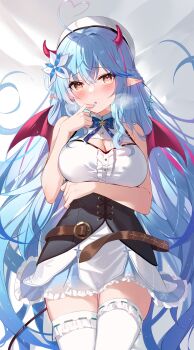 Rule 34 | 1girl, absurdres, ahoge, aqua nails, bare shoulders, blue hair, blush, braid, breasts, cleavage, cleavage cutout, clothing cutout, coat, colored tips, commentary request, corset, demon girl, demon horns, demon wings, elf, fingernails, flower, frilled skirt, frills, hair between eyes, hair flower, hair ornament, hat, heart, heart ahoge, heart in eye, heiyan shenshi, highres, hololive, horns, large breasts, long hair, looking at viewer, multicolored hair, nail polish, open mouth, pointy ears, ribbon, shirt, side braid, skirt, sleeveless, sleeveless shirt, solo, symbol in eye, thick thighs, thighhighs, thighs, very long hair, virtual youtuber, white flower, white hat, white thighhighs, wings, yellow eyes, yukihana lamy, yukihana lamy (1st costume), zettai ryouiki
