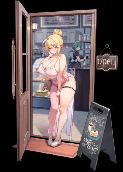 2girls absurdres ahoge ass bag bakery black_background black_panties blonde_hair blush bob_cut breasts brown_bag cake closed_mouth commentary_request covered_erect_nipples covered_navel dress dress_tug food full_body green_eyes habetrot_(last_origin) hair_bun hair_ornament hairclip handbag heart heart_ring highres huge_breasts last_origin leaning_forward looking_at_viewer looking_back maid maid_headdress menu_board multiple_girls nipples official_alternate_costume official_art open_door panties pink_dress purple_eyes see-through_clothes see-through_dress shoes shop short_hair simple_background single_hair_bun standing storefront thigh_strap underwear vanilla_(last_origin) white_shoes wow_(cor369)