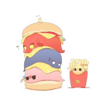 <o>_<o> ? ahoge bocchi_the_rock! burger cheese commentary_request cube_hair_ornament food french_fries gotoh_hitori gotoh_hitori_(tsuchinoko) hair_ornament ijichi_nijika in_food jitome kita_ikuyo no_humans rebecca_(keinelove) simple_background white_background yamada_ryo yellow_eyes