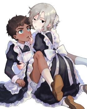 Rule 34 | 2boys, alternate costume, androgynous, apron, bags under eyes, between legs, black dress, black eyes, black hair, bloomers, blue eyes, blush, collared dress, crossdressing, crossdressing (mtf), curly hair, dark-skinned male, dark skin, dress, dungeon meshi, elf, enmaided, frilled apron, frills, grey hair, h2co3 vv, highres, juliet sleeves, kabru, kneeling, lazy eye, long sleeves, looking at another, looking at viewer, looking back, maid, maid apron, maid headdress, male focus, male maid, mithrun, multiple boys, notched ear, open mouth, pointy ears, puffy sleeves, shoes, short hair, simple background, socks, sweatdrop, trap, underwear, uneven eyes, white apron, white background, white bloomers, white socks, yaoi