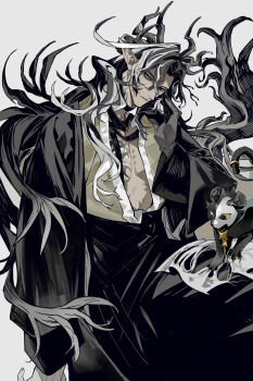 Rule 34 | 1boy, arknights, bandaged neck, bandages, black bandages, black coat, black eyes, black hair, chest tattoo, chinese clothes, closed mouth, clothing request, coat, commentary request, dragon boy, dragon horns, dragon tail, eastern dragon horns, hair between eyes, hand up, heterochromia, highres, horns, kaifei (kaifei 29), long hair, long sleeves, looking at viewer, male focus, multicolored hair, neck tattoo, open clothes, open coat, parted bangs, pectoral cleavage, pectorals, pointy ears, serious, simple background, solo, streaked hair, tail, tattoo, very long hair, wang (arknights), white background, white hair, yellow eyes