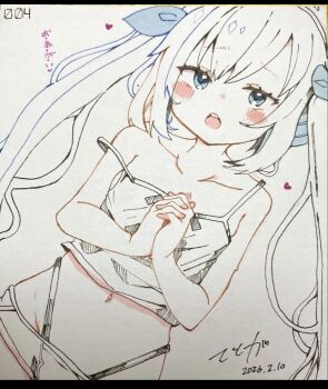 Rule 34 | 1girl, bare arms, bare shoulders, blue eyes, blue ribbon, blush stickers, camisole, collarbone, commentary request, dated, groin, hair ribbon, highleg, highleg panties, highres, interlocked fingers, letterboxed, long hair, looking at viewer, open mouth, original, own hands clasped, own hands together, panties, photo (medium), ribbon, shikishi, signature, solo, strap slip, te toga, traditional media, twintails, underwear, very long hair