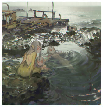 3girls absurdres afloat alphonse_(white_datura) ao_no_roku-gou ass back bathing breasts closed_mouth colored_skin fins fish_girl highres looking_at_viewer looking_back monster monster_girl multicolored_skin multiple_girls mutio nude outdoors pale_skin partially_submerged photoshop_(medium) pointy_ears red_eyes rock same-sex_bathing shared_bathing sitting water wet yellow_skin